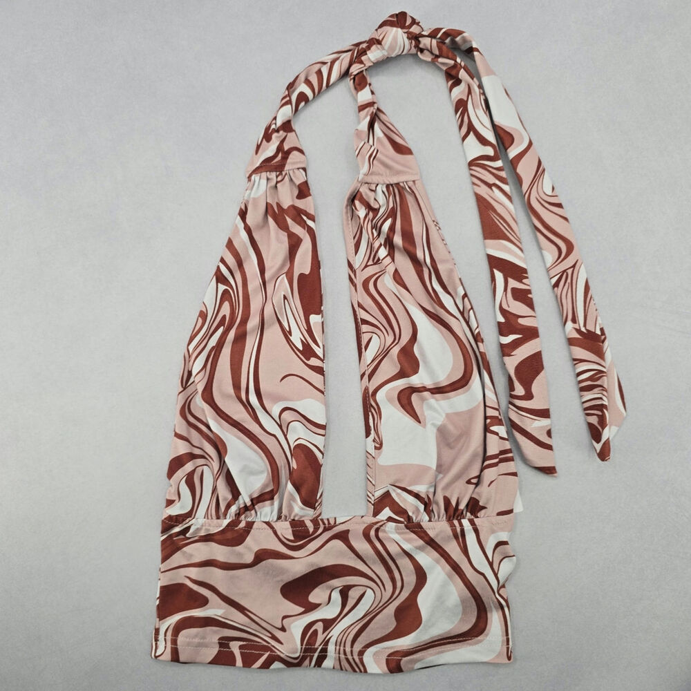Brown Swirl Beach Boho Halter Tie‎ Crop Short Bikini Bralette Swim Top S Small